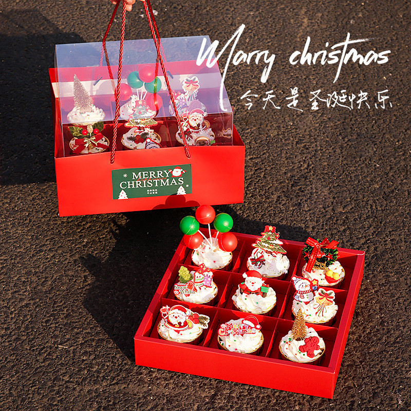 【ks1467.th】 圣诞蛋糕装饰插件Christmas Muffin Cup Cake Decoration Packaging Box Transparent Nine-Grid Dessert