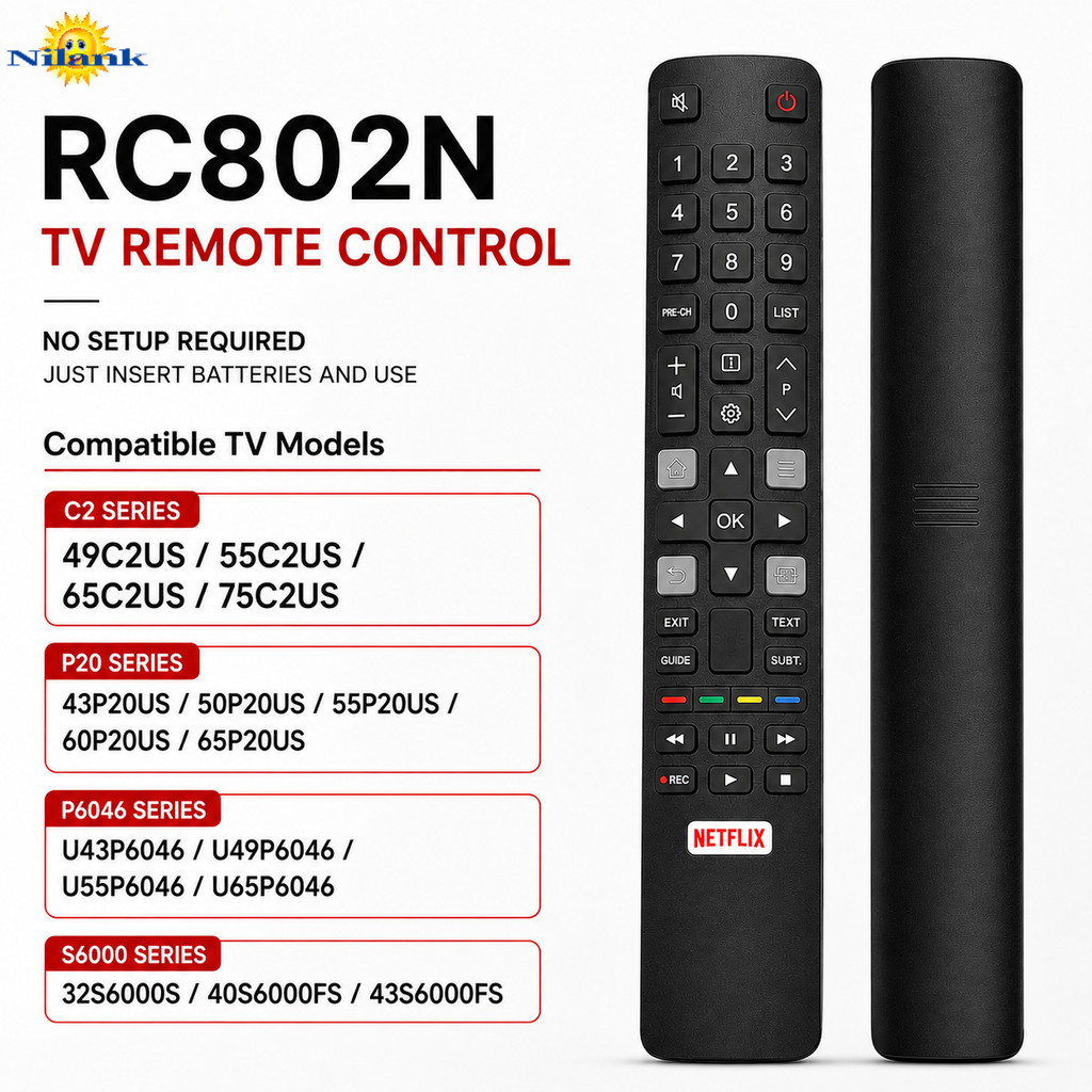 NiLANK ใช้ได้ รีโมททีวี TCL RC802N YUI1 YAI2 มีปุ่ม Netflix สำหรับ 49C2US 55C2US 65C2US U43P6046 ไม่ต้องตั้งค่า พร้อมส่ง