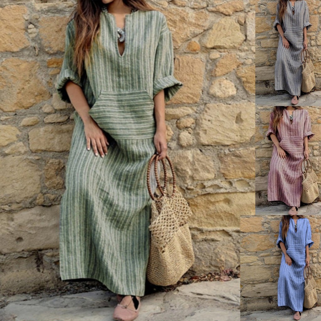 ผู้หญิงลายผ้าลินินผสม Maxi Dress, ครึ่ง Placket V คอ 3/4 แขนหลวม A-Line ชุดเดรสยาวพร้อมกระเป๋า S-5XL
