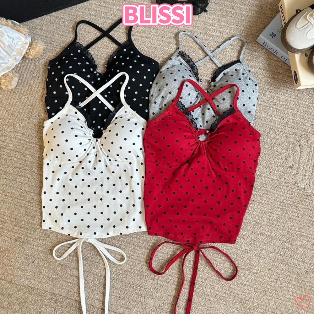 ความสุข‌I Polka Dot ผ้าฝ้าย, Cross Backless V คอออกแบบ Crop Vest Tops, แฟชั่นสปาเก็ตตี้ลูกไม้ Ropa M