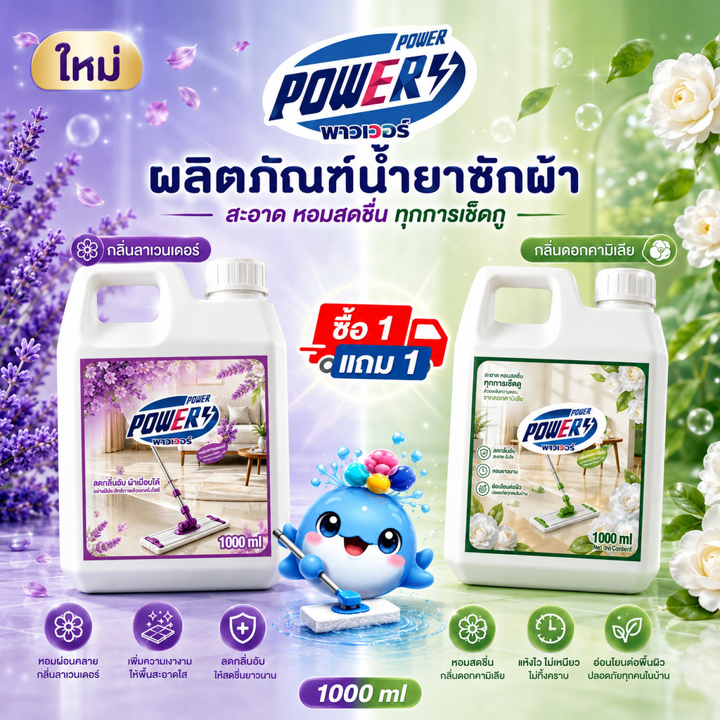 POWER น้ำยาถูพื้น 2000ml (กลิ่นดอกคามิเลีย+กลิ่นลาเวนเดอร์) ขจัดคราบ ลดกลิ่นอับ หอมสดชื่น ทำความสะอาดพื้น
