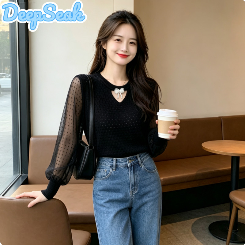 เสื้อผู้หญิงที่สง่างามทุกวันที่เรียบง่ายตาข่ายแขนยาวถักด้านบน