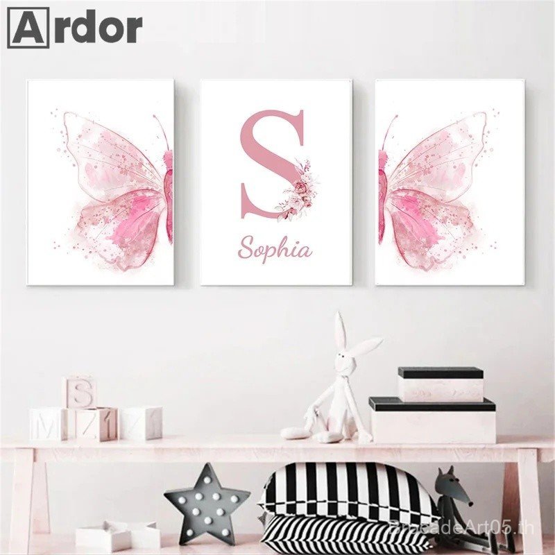 Custom ชื่อสีชมพู Butterflaies เนอสเซอรี่โปสเตอร์และพิมพ์ Wall Art ภาพจิตรกรรมฝาผนังผ้าใบภาพวาด Nord