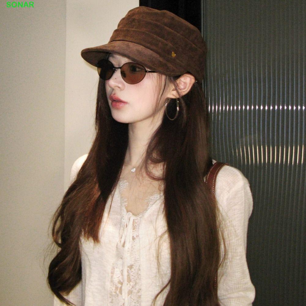 SONAR หมวกขี่ม้าหนังนิ่ม, หมวกทรงแบนสไตล์เกาหลี, หมวก Chamois Retro Vintage Warm Retro Painter Hat Girl