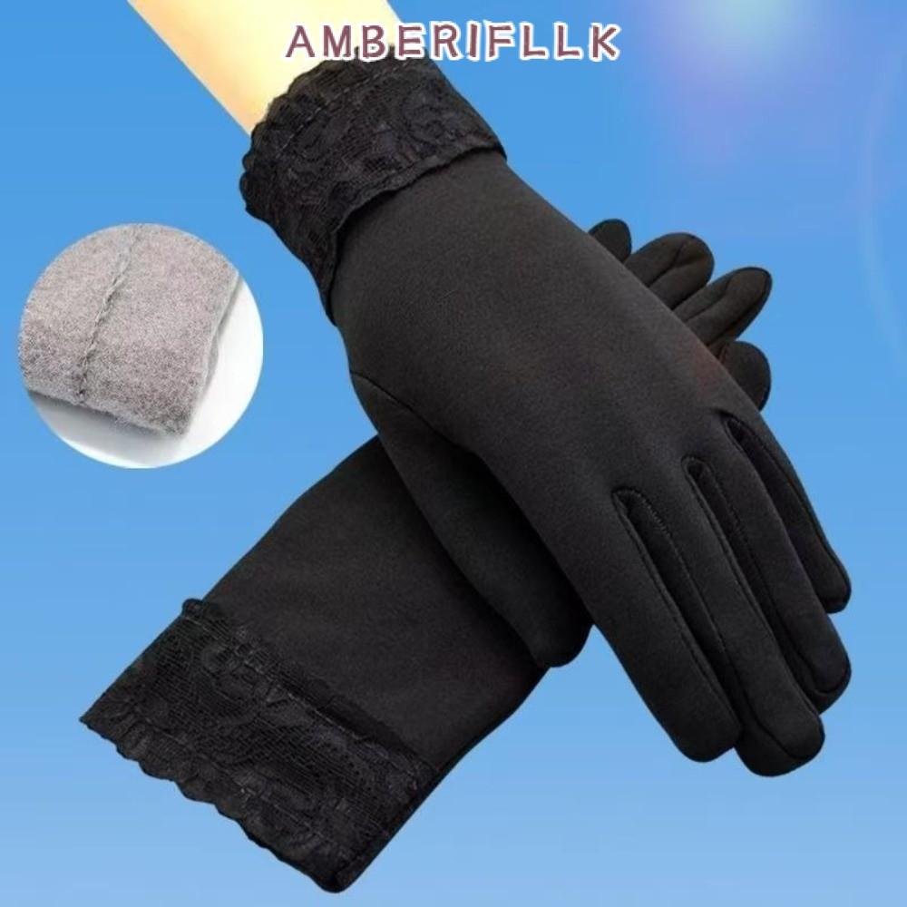 AMBER1FLLK ถุงมือฤดูหนาว, ถุงมือหน้าจอสัมผัสเต็มนิ้วกันลม, Coldproof Lace Warm Driving Girls Mittens