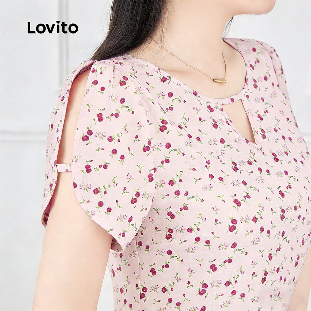 Lovito แคชชวล เสื้อเบลาส์ คอวี แบบเว้า สําหรับผู้หญิง ฤดูใบไม้ผลิ/ฤดูร้อน L183ED024