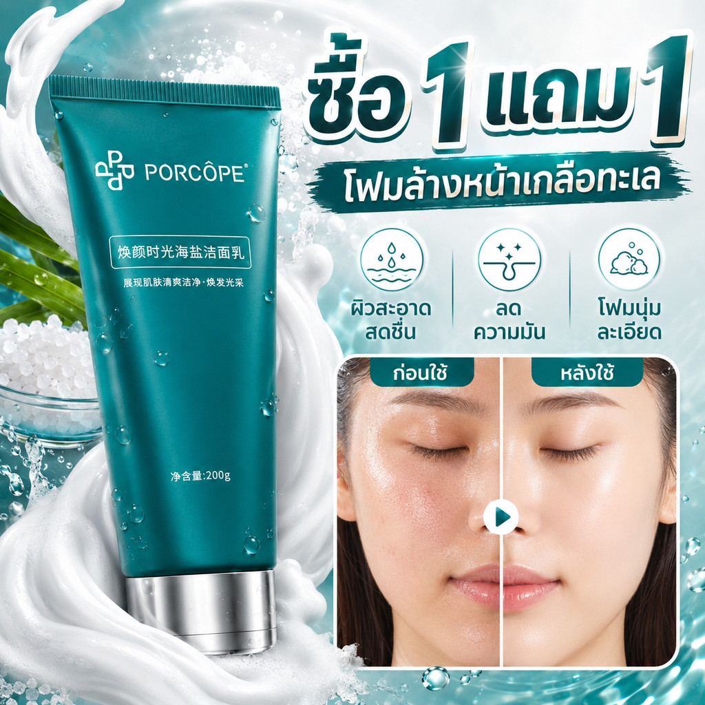 ซื้อ 1 แถม 1 [PORCOPE] โฟมล้างหน้าเกลือทะเล 200g ทำความสะอาด คุมมัน ผิวสดชื่น อ่อนโยนต่อผิว