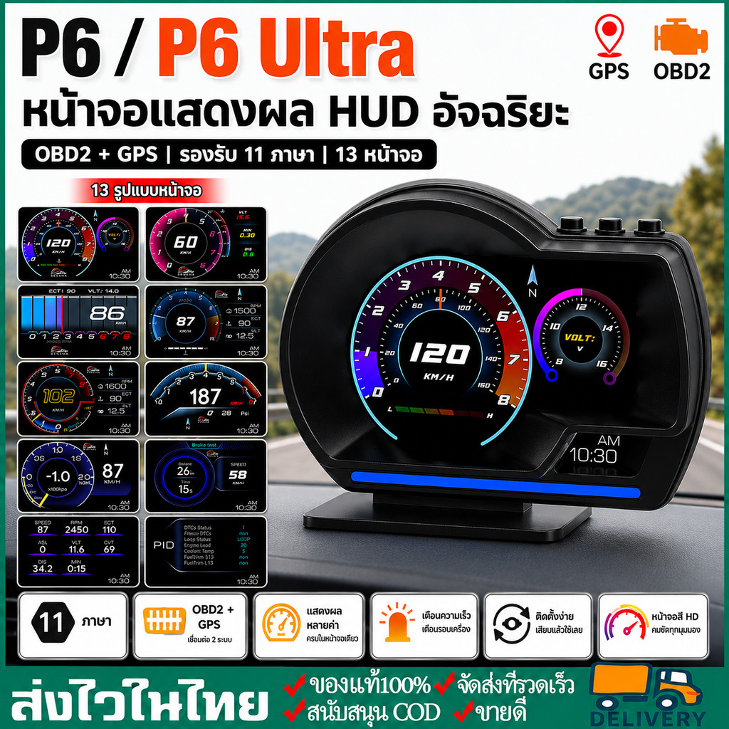 【จัดส่ง24ชม】OBD2 สมาร์ทเกจ hud Smart Gauge Digital Meter/Display P6 Plus + GPS ของแท้เมนูภาษาไทย ง่า
