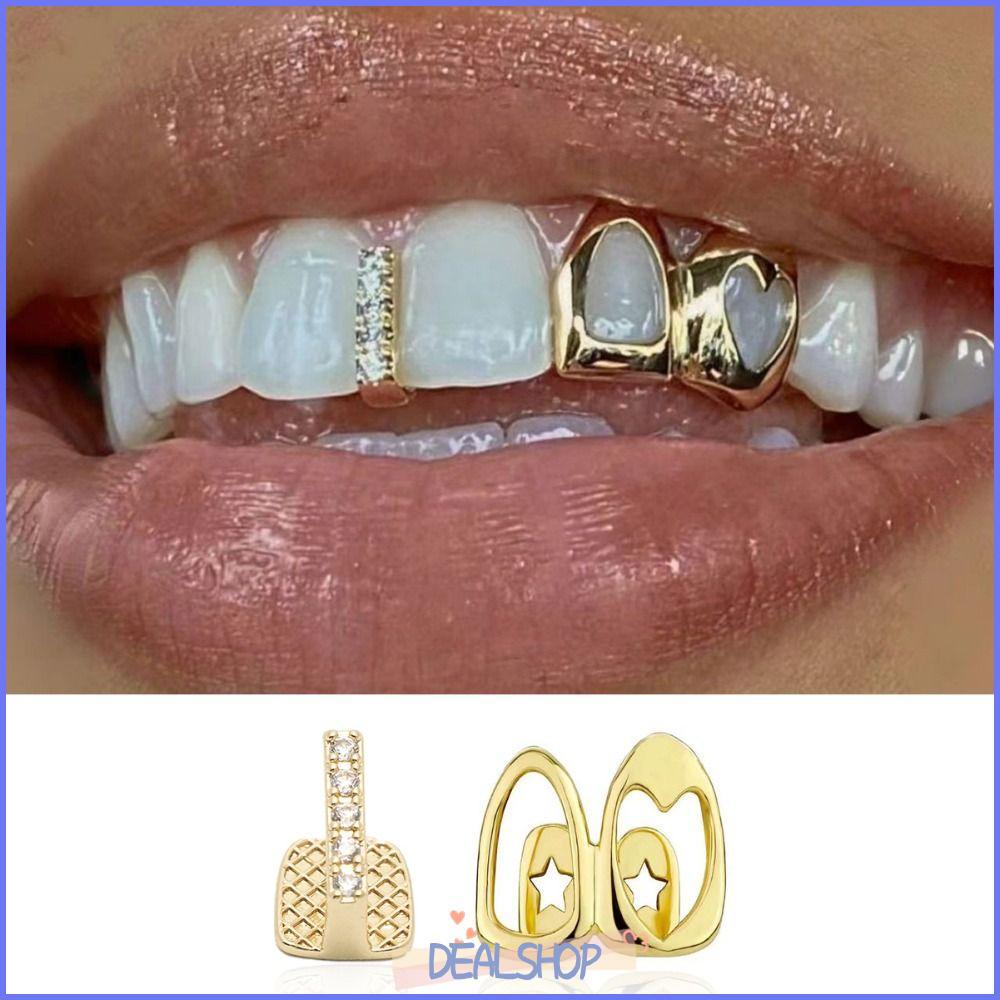 OKDEALS Grillz, Hollow Heart Gold สี Hip Hop ฟัน Grillz, เงาทองแดง Double Heart ฟันหมวกฟันเครื่องประ