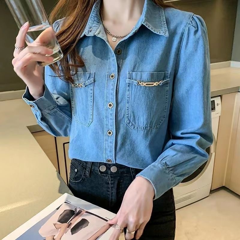 imoveเสื้อเชิ้ตเดนิมแขนยาวลําลองสําหรับผู้หญิงสไตล์เกาหลี