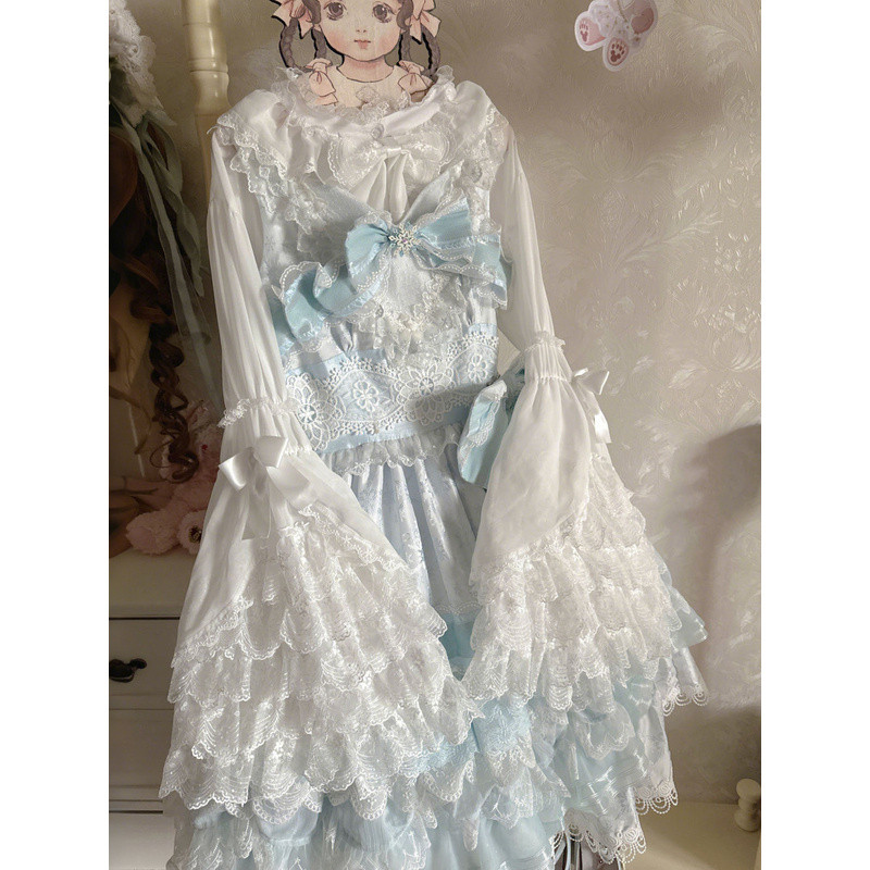 [จัดส่งฟรี] Lolita Lolita แขนทรัมเป็ตด้านในชุดหวานทุกวัน All-Match ฐานเสื้อ Lolita หวาน