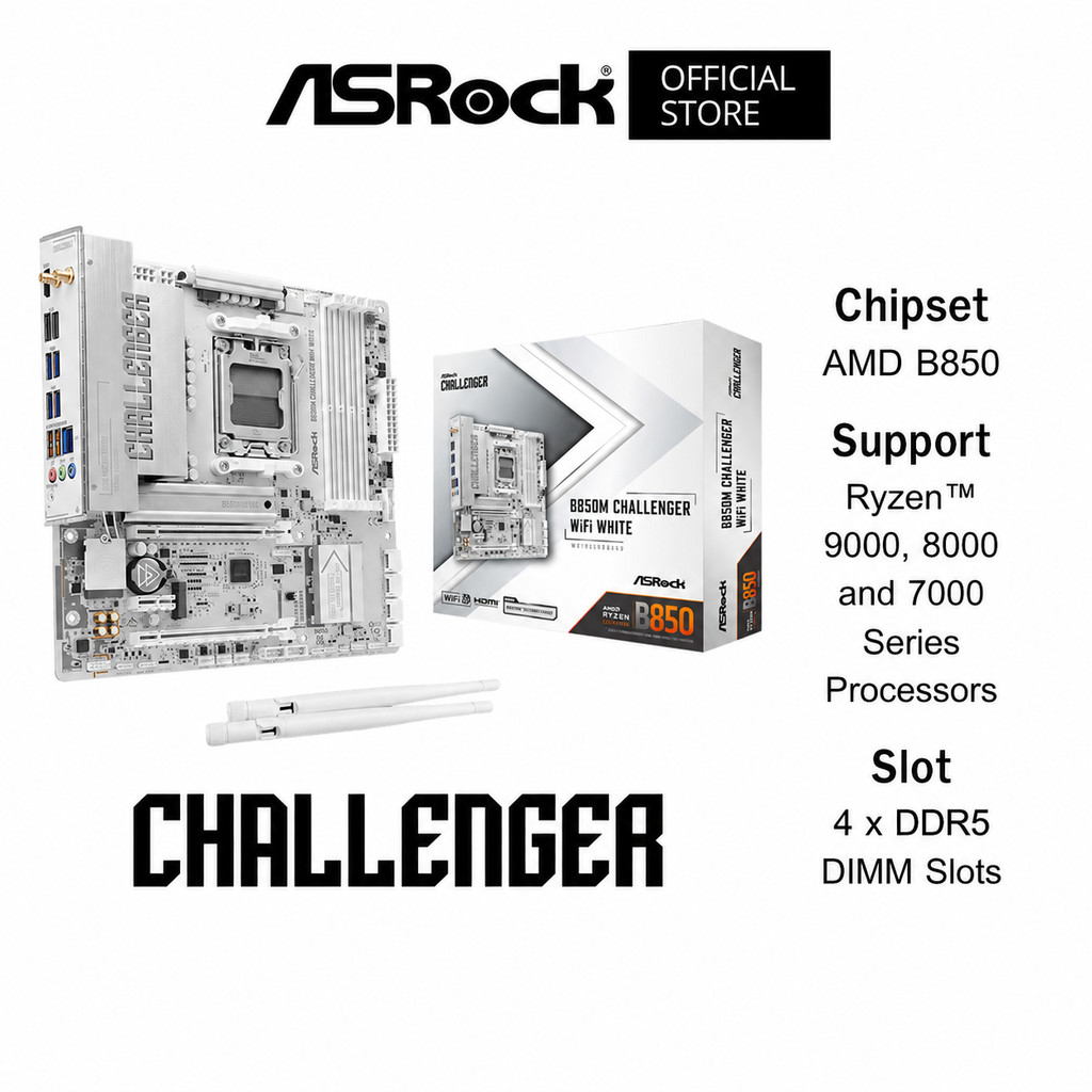 ASROCK B850M Challenger WiFi White Mainboard (เมนบอร์ด) Micro-ATX AMD B850 Socket AM5 Ryzen™ 9000-70