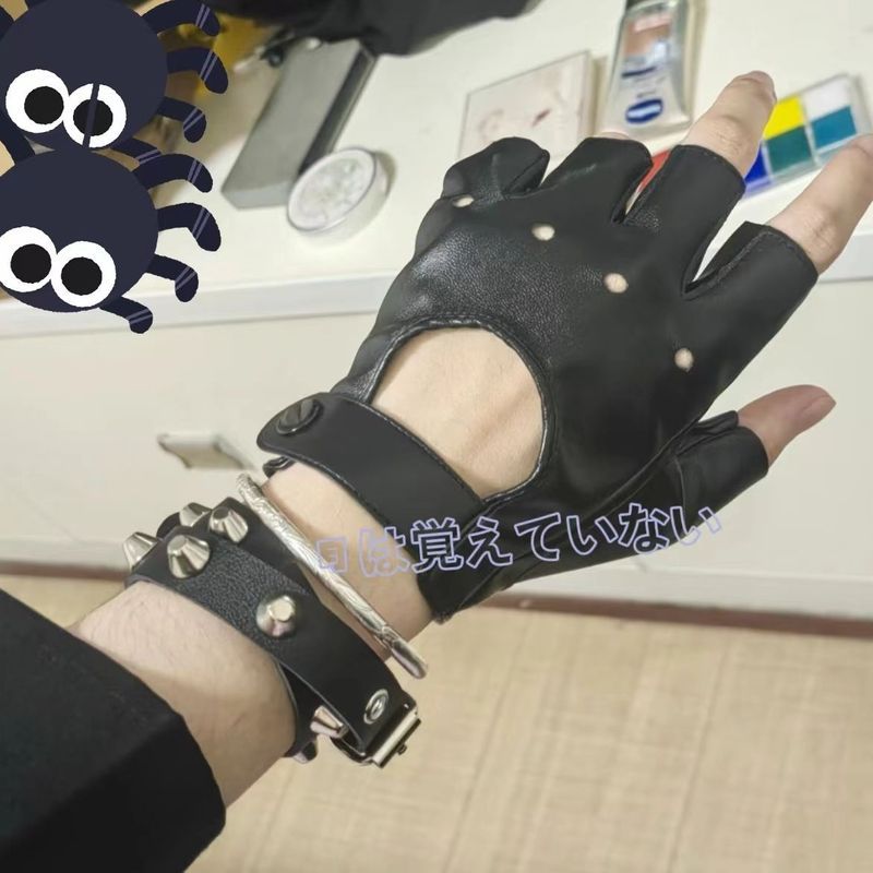 朋克哥特手套高颜值辣妹百搭新款Cos* 手袖Y2k半指皮镂空手套地蕾系Diablo Anime Cos Open Fingered Gls Stage Performance Punk Style H