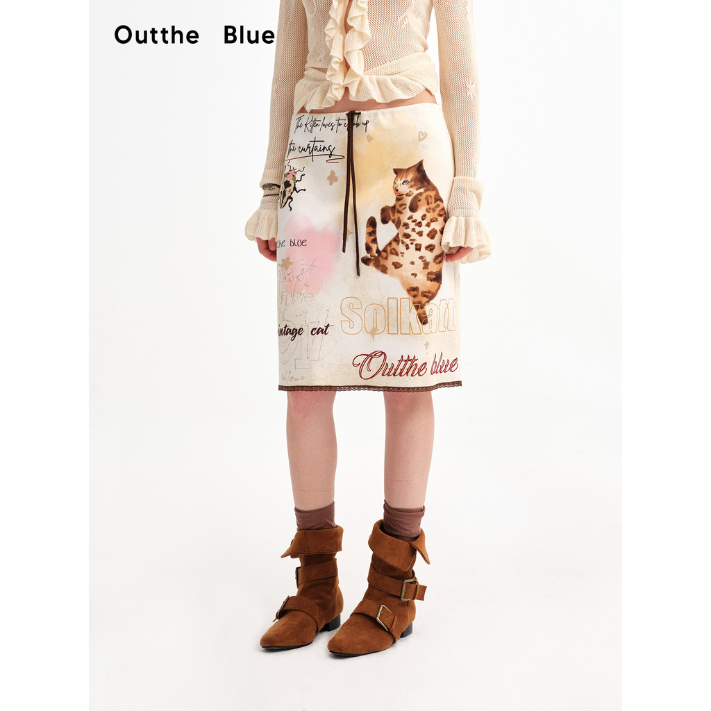 Outthe Blue "Bad Retro Cat" Original Print Hand-Painted Leopard Print Cat Straight Skirt Female