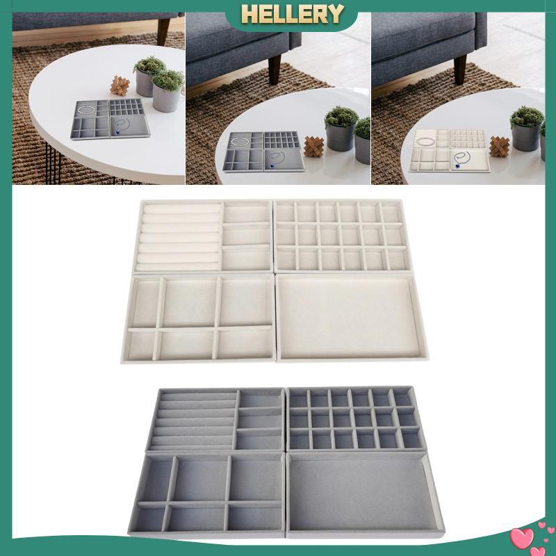 [HelleryTH] 4 ชิ้นเครื่องประดับชุดแหวนถาดสร้อยคอถาดต่างหูถาดสร้อยข้อมือถาดซ้อน MDF Flocking ถาดเหมาะ