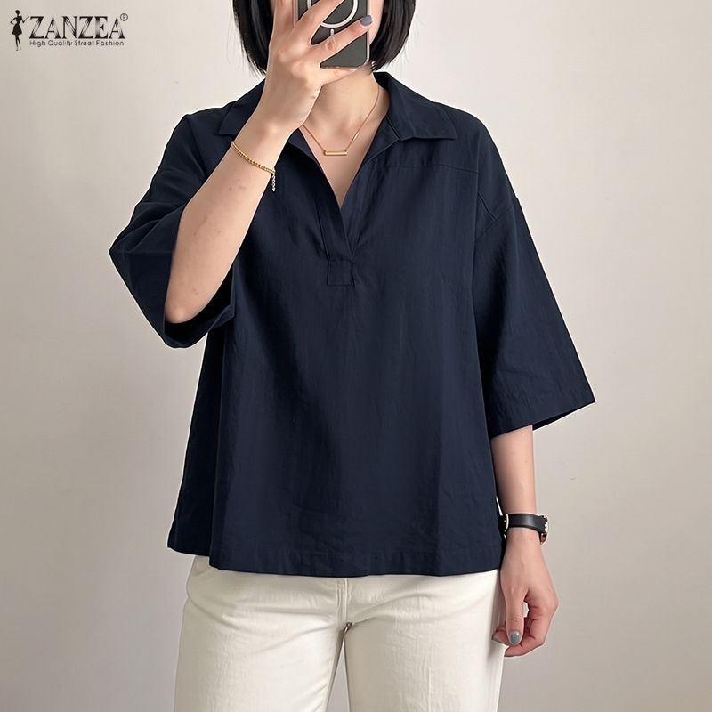 ZANZEA ผู้หญิงเกาหลีปกลําลอง Five-Quarter Sleeve Half Placket เสื้อหลวม — صورة 6