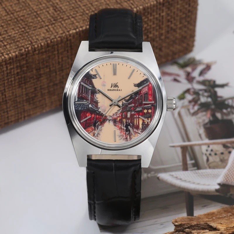 Shanghai 36 มม.Hand-Wind Mechanical Watch 7120 กันน้ํา Bauhaus Design นาฬิกาสําหรับชายเคลือบหน้าปัด