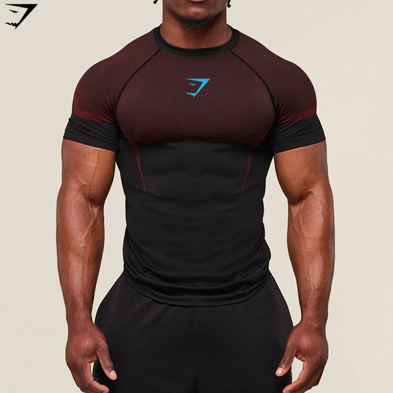 GYMSHARK Fitness Men Running Quick-Drying Breathable Tights เสื้อยืดแขนสั้นผู้ชายกล้ามเนื้อ 9TR1