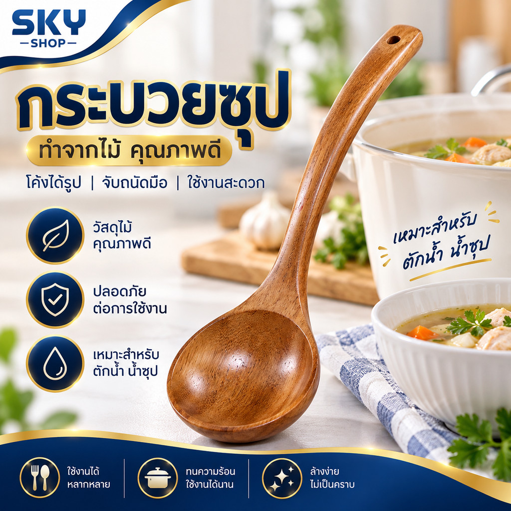 SKY กระบวยไม้ กระบวยตักซุป กระบวยตักอาหาร ช้อนตักซุป สำหรับตักซุป แกง อาหารต่างๆ กระบวยซุป Wooden Soup Ladle