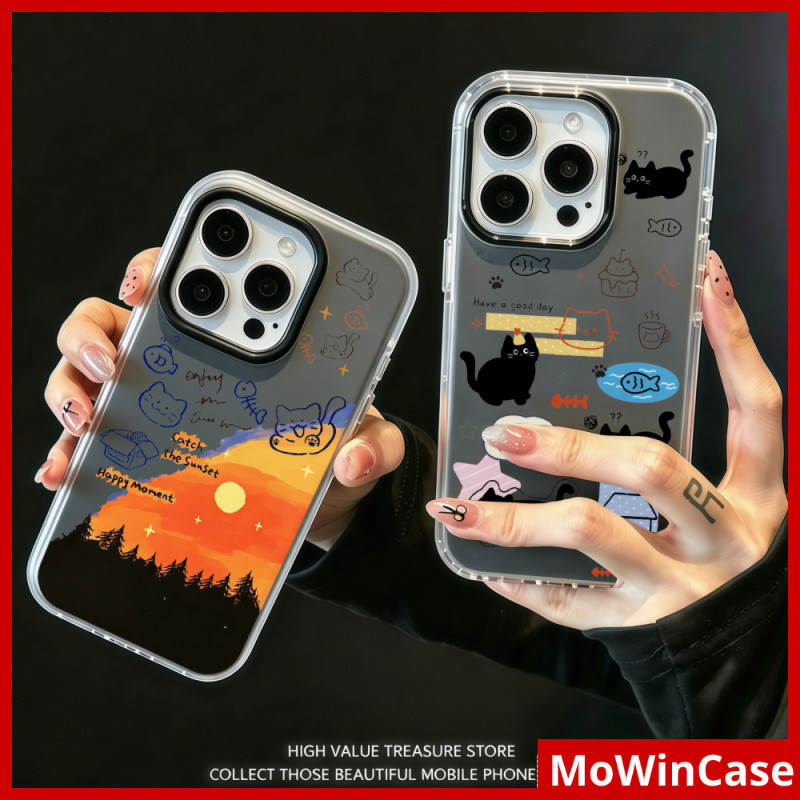 MowinCase - ใช้ได้กับเคส iPhone 13, เคส iPhone 17 Pro Max, สีลูกกวาด, โปร่งแสง, ทูอินวัน แมวและพระอาทิตย์ตก