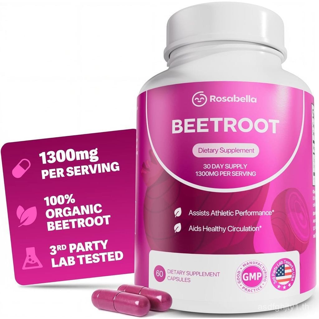 Rosabella Organic Beet Root Capsules-1300mg ผงบีทรูทช่วยส่งเสริมการไหลเวียนและมีชีวิตชีวา,Non-Transg