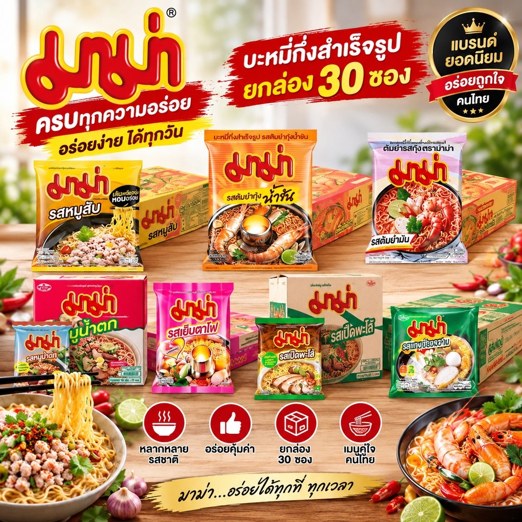 มาม่า บะหมี่กึ่งสำเร็จรูป ครบรส (ยกกล่อง 30 ซอง)