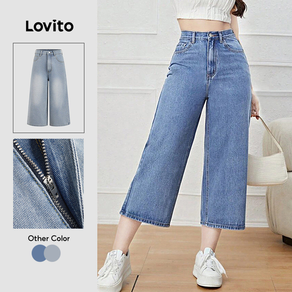 (New Arrival) Lovito กางเกงยีนส์ผู้หญิง สีฟ้าอ่อน ทรงปกติ ซักแล้ว สําหรับฤดูใบไม้ผลิ/ฤดูร้อน เกาหลี 