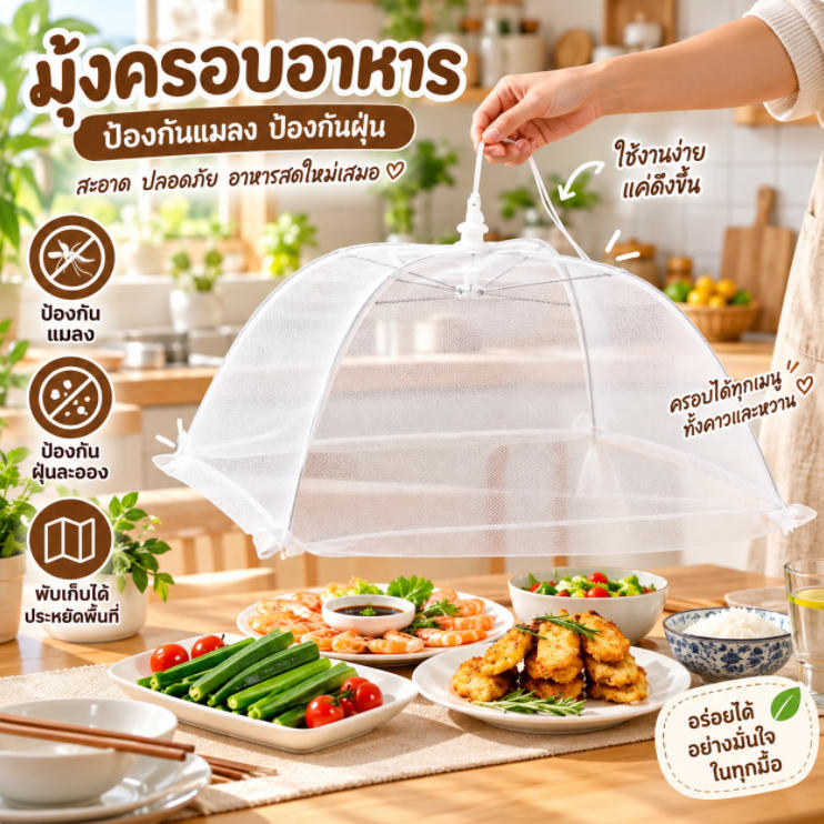ฝาชีครอบอาหารทรงสี่เหลี่ยม ตาข่ายมุ้ง พับเก็บได้ กันแมลงวัน กันแมลง สำหรับครอบจานอาหารบนโต๊ะ
