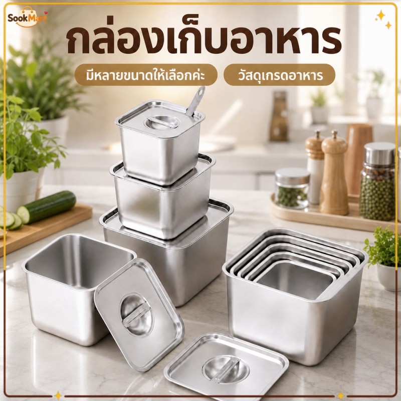 SookMart โถเครื่องปรุงสแตนเลส มีฝาปิดแบบมีช่อง เกรดอาหาร กล่องเก็บอาหาร ทรงสี่เหลี่ยม ถนอมอาหาร สำหรับใส่เครื่องปรุงรส