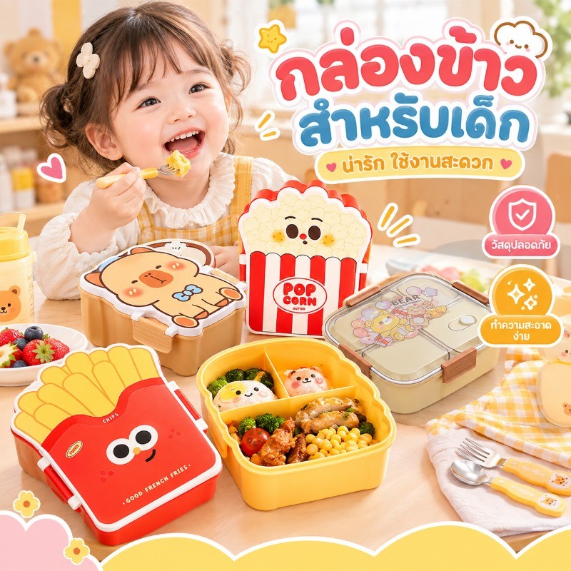 COD กล่องข้าวเด็ก พร้อมช้อนส้อม ลายเฟรนช์ฟรายส์ แฮมเบอร์เกอร์ กล่องข้าวการ์ตูน กล่องอาหารกลางวัน