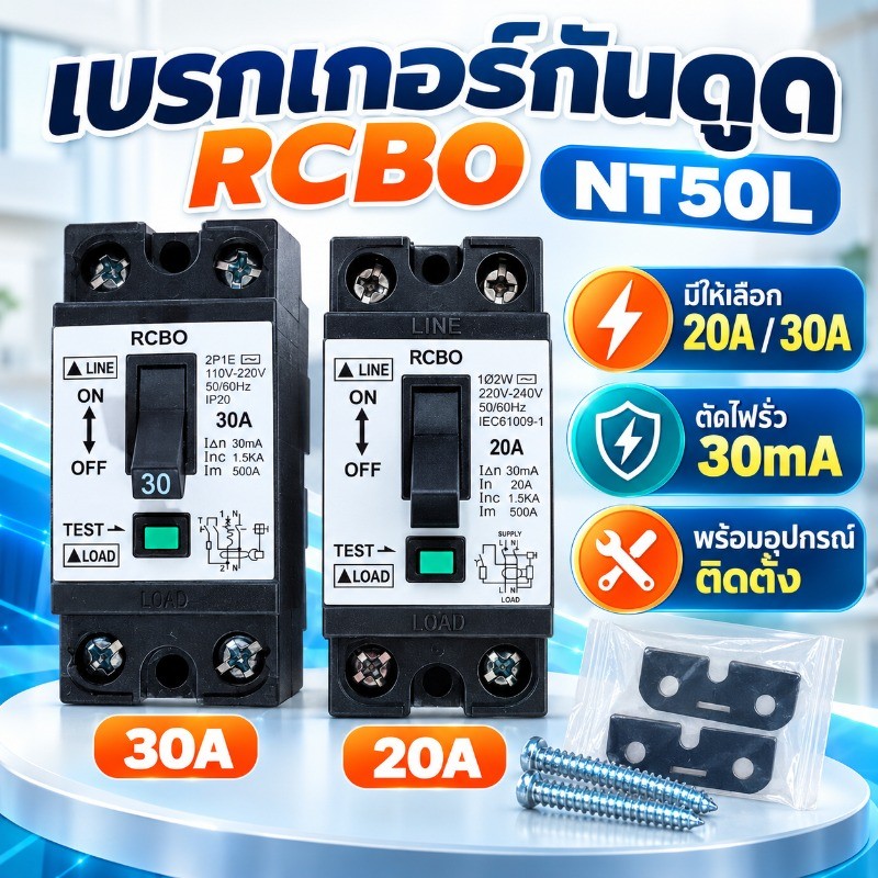 เบรกเกอร์กันดูด RCBO NT50L 20A 30A ตัดไฟรั่ว 30mA มีปุ่ม TEST ใช้กับงานไฟบ้านและเครื่องทำน้ำอุ่น