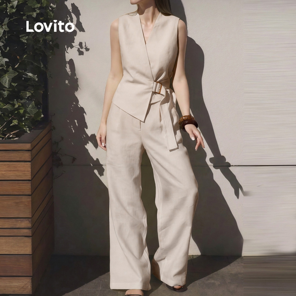 Lovito بدلة نسائية خاكي غير متماثلة — صورة 2