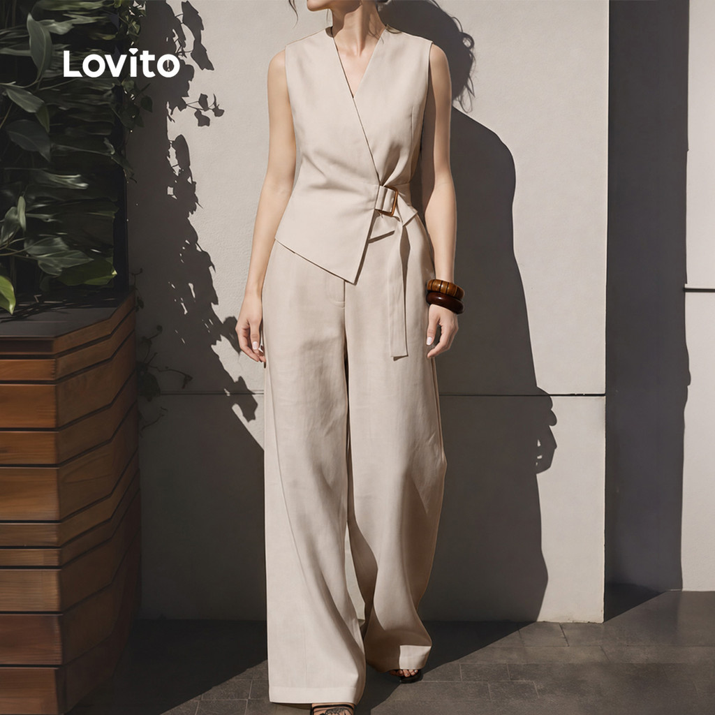Lovito بدلة نسائية خاكي غير متماثلة — صورة 4