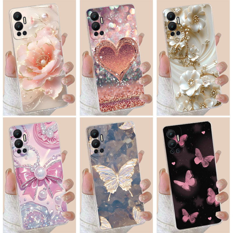 สําหรับ Infinix Hot 12 X6817 X6817B ดอกไม้ผีเสื้อโบว์เคสโทรศัพท์ซิลิโคนอ่อนนุ่มโปร่งใส TPU Jelly Cas