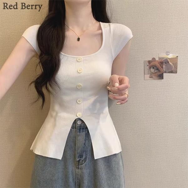 Red Berryเสื้อยืดคอเหลี่ยมแขนสั้นสไตล์ฝรั่งเศสสำหรับผู้หญิงในช่วงฤดูร้อน เอวเข้ารูป แขนพอง เสื้อถักที่เก๋ไก๋และสง่างามD4