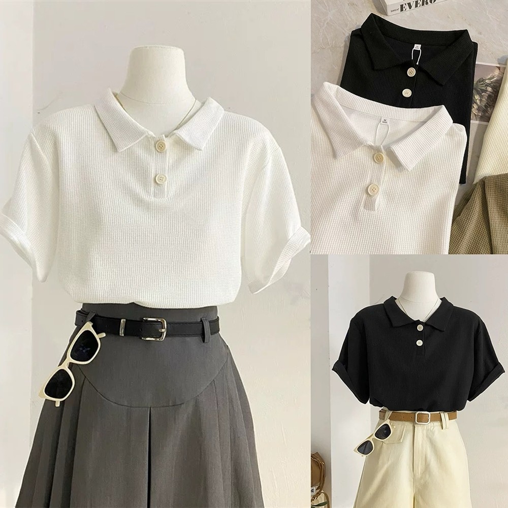Hotgirl พร้อมส่ง เสื้อโปโล เสื้อยืดโปโลผู้หญิง ผ้าวาฟเฟิลพื้นฐาน แขนสั้น ทรงหลวม ดูเรียบร้อย ใส่เข้างานไปเที่ยว