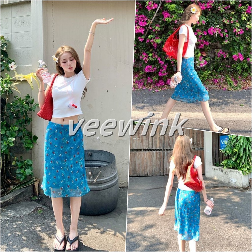 Veewink กระโปรงสไตล์สาวน้อย สีฟ้าลายดอกไม้ เอวสูง หางปลา เนื้อผ้าเชียร์ ทรงตรง