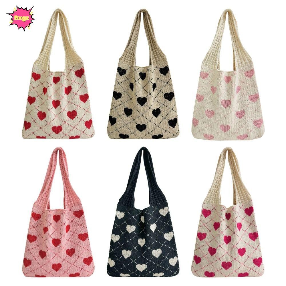 INNICE โครเชต์ Tote Bag, Heart Pattern ความจุขนาดใหญ่ความงามโครเชต์กระเป๋า,แฟชั่น Fairy Grunge สุภาพ