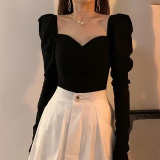 เสื้อสตรีทรงสลิมฟิต คอเหลี่ยม ฤดูใบไม้ผลิและฤดูใบไม้ร่วง เสื้อสตรี แขนยาว ฐานย้อนยุค ดีไซน์เซ็กซี่ เสื้อยืด แขนฟอง#99220