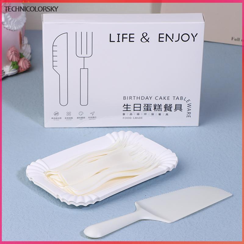 Technicolorsky 5Person 10Person สีขาวเค้กวันเกิดมีดส้อมชุดพลาสติกทิ้งจานอาหารค่ําชุดเค้กเบเกอรี่บนโต