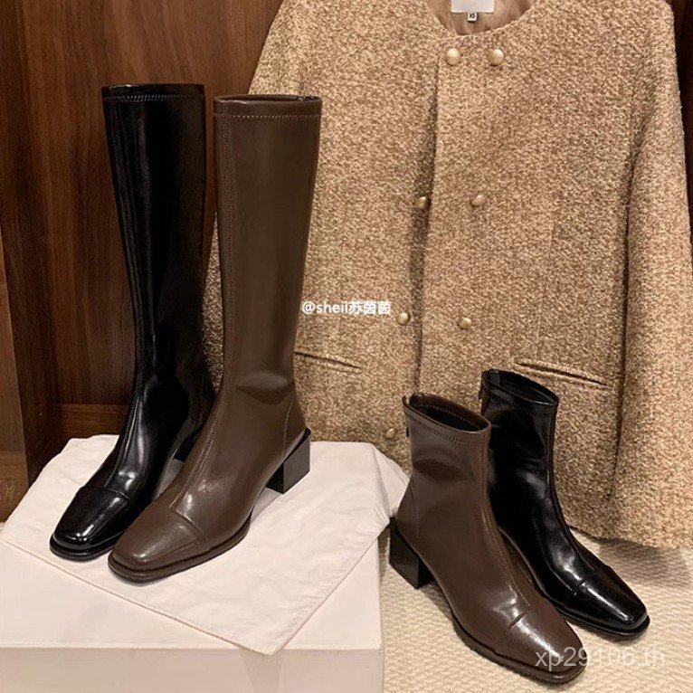 Stretch~Version Square Toe shii ซิปหลัง Su Yin หลอดสูงส้นหนาพร้อมสต็อก] [สองบู๊ทส์~OL7K