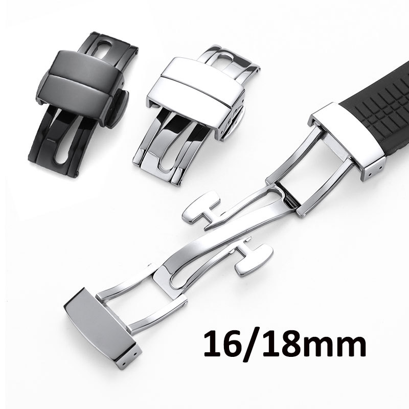 หัวเข็มขัดพับนาฬิกาสแตนเลส 16 มม. 18 มม. สําหรับ Patek Philippe​​ PP Nautilus Double Push Butterfly Deployment Clasp นาฬิกาปุ่มโลหะเงินสีดํานาฬิกาล็อค
