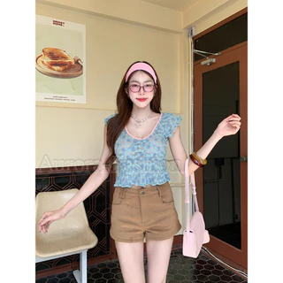 Aurora🛒พร้อมส่ง🚚 (รูปถ่ายจากงานจริง) เสื้อไหมพรมแขนสั้นคอวีลายดอกไม้ สีพาสเทลน่ารัก