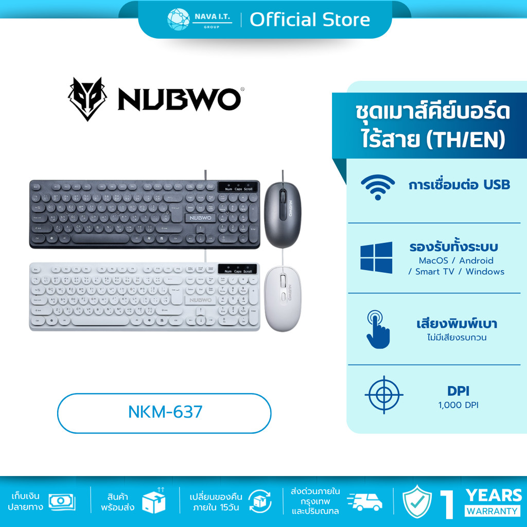 🛵มีส่งด่วน💨NUBWO NKM-637 KEYBOARD & MOUSE COMBO SET แบบมีสาย ปุ่มกลม รับประกัน 1 ปี