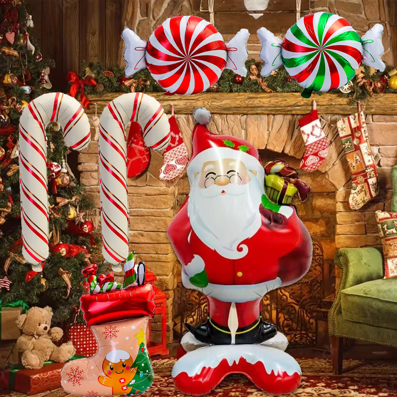 คริสมาสต์ชุดอลูมิเนียมฟอยล์บอลลูนลูกอมติดออกแบบ-ขนาดใหญ่ยืนซานตาคลอสบอลลูนบรรยากาศวันหยุด