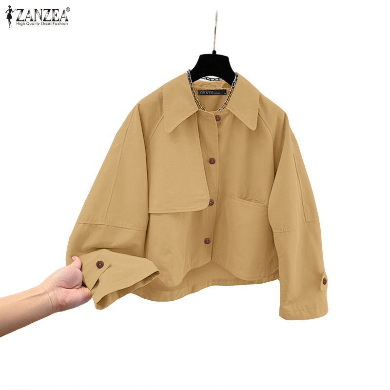 ZANZEA ผู้หญิงเกาหลีฤดูใบไม้ร่วงแฟชั่น Turn-Down-Collar ไม่สม่ําเสมอ Patchwork ออกแบบปุ่มแจ็คเก็ต