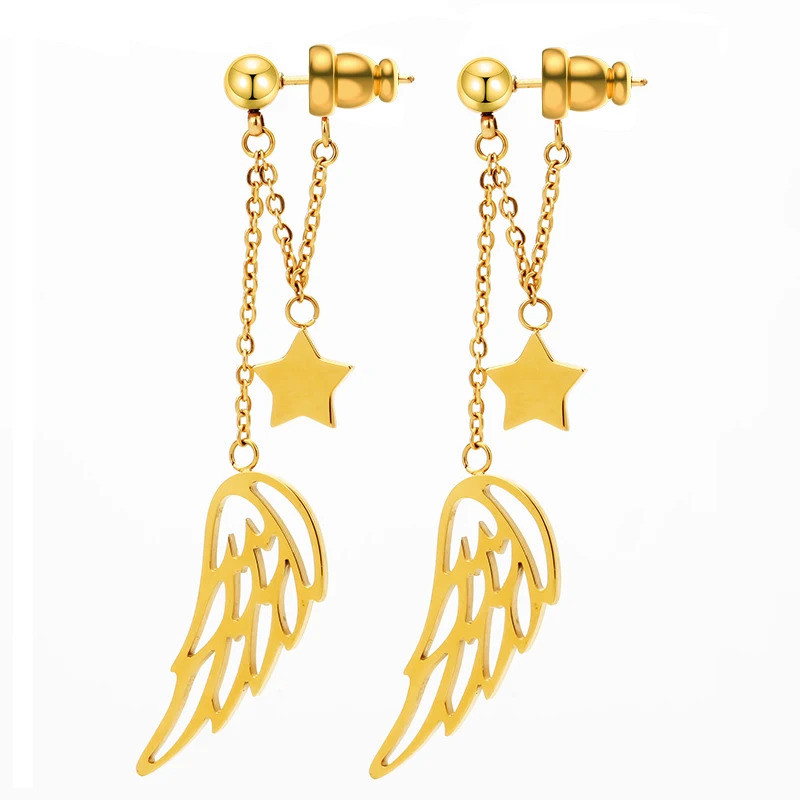 VAROLE Link Chain Stars & Feathers Drop Earrings For Women Gold Color Long Tassel Dangle Earings Fas