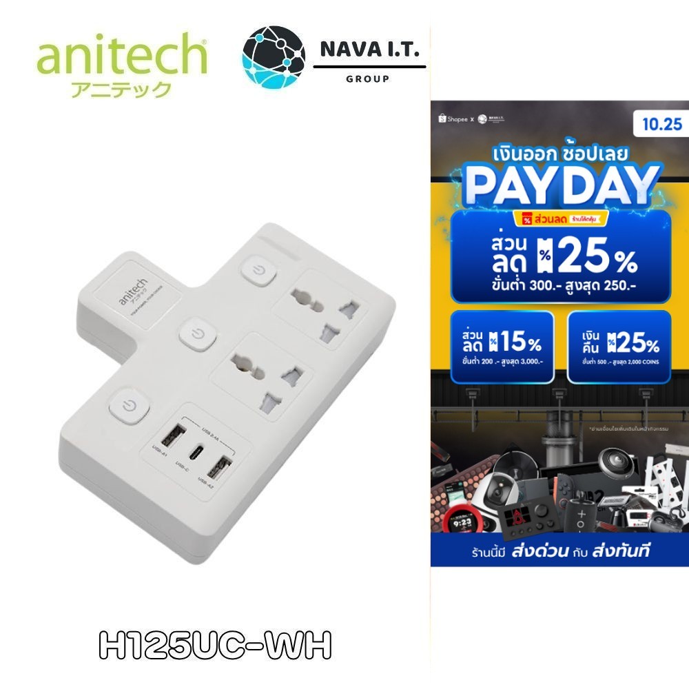 🛵มีส่งด่วน💨 ANITECH H125UC-WH ปลั๊กไฟ 2 ช่อง 3 สวิตช์ 2 USB-C รับประกัน 2 ปี