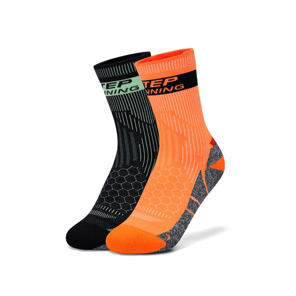 XTEP ถุงเท้ามาราธอน Terry สำหรับผู้ชาย สีดำและส้ม ระบายอากาศได้ สวมใส่สบาย