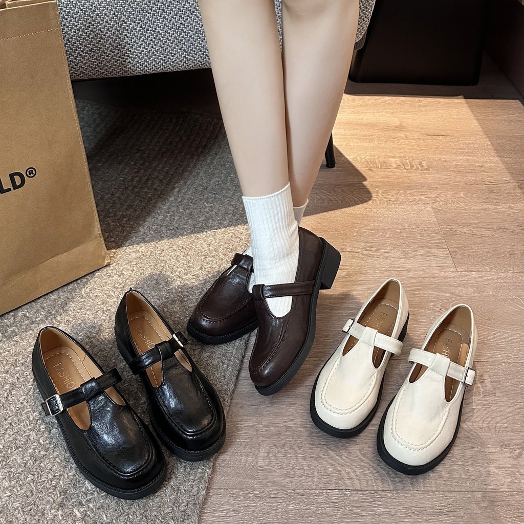 รองเท้าแมรี่เจนสำหรับผู้หญิงยุคใหม่ รองเท้าแมรี่เจนส้นตึกสไตล์ย้อนยุคฝรั่งเศส สวมใส่สบาย